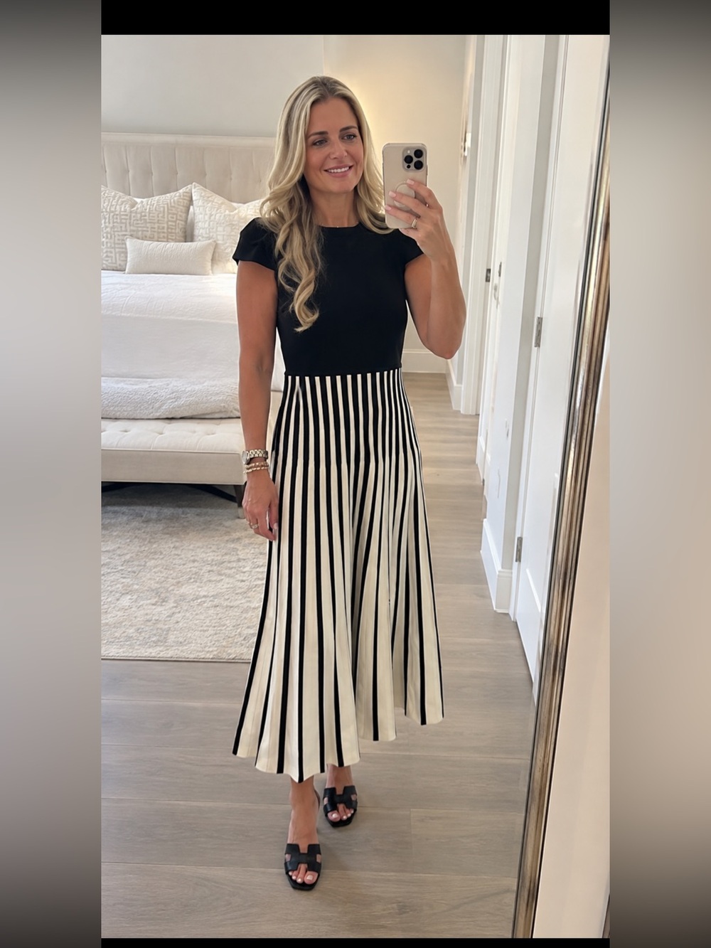 Commense Black Top with Black & White Vertical Stripe Midi Skirt